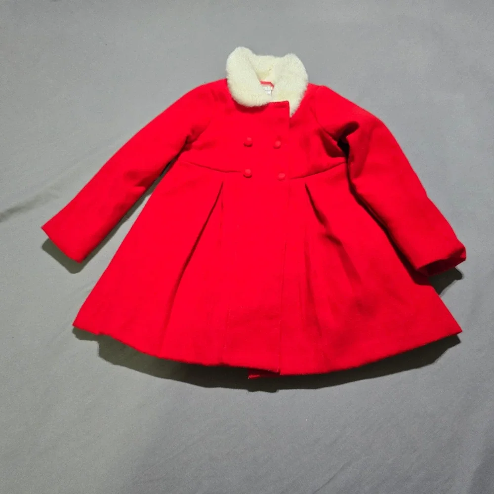 Max Studio Kids Coat 5 Red Faux Fur Collar Double Breasted Peplum Jacket